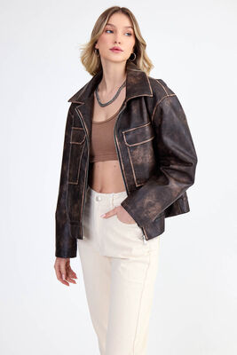 Kapak Cepli Suni Deri Biker Ceket - Thumbnail (11)