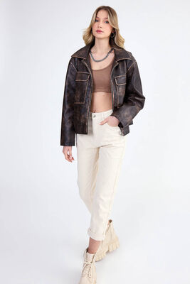 Kapak Cepli Suni Deri Biker Ceket - Thumbnail (14)
