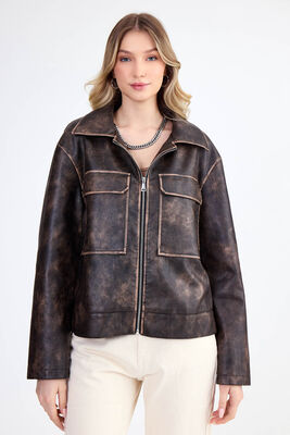 Kapak Cepli Suni Deri Biker Ceket - Thumbnail (12)