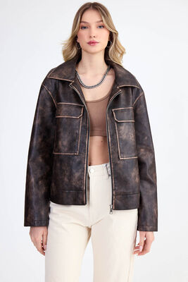 Kapak Cepli Suni Deri Biker Ceket - Thumbnail (9)