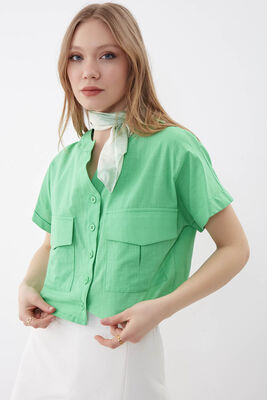 Kapak Cepli Viskon Keten Crop Gömlek (1)