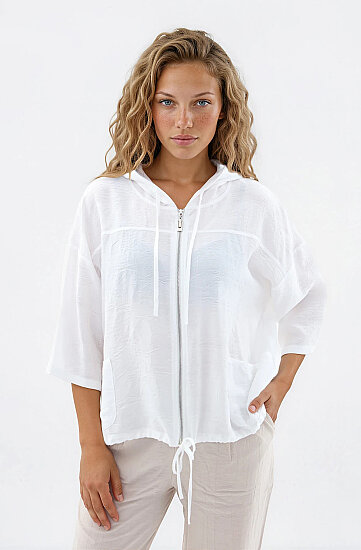 Kapüşonlu Beli Büzgülü Desenli Ceket