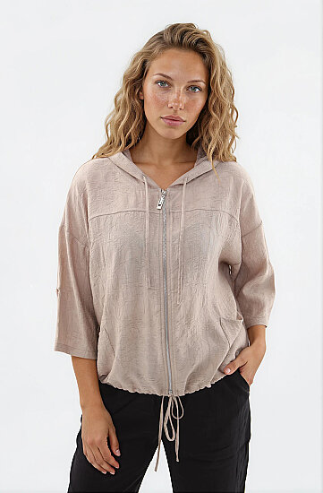 Kapüşonlu Beli Büzgülü Desenli Ceket - 5