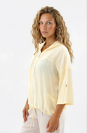 Kapüşonlu Beli Büzgülü Desenli Ceket - 19