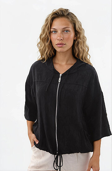 Kapüşonlu Beli Büzgülü Desenli Ceket - 25