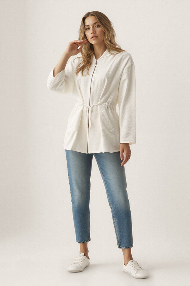 Kapüşonlu Beli Büzgülü Fermuarlı İnce Ceket - 1