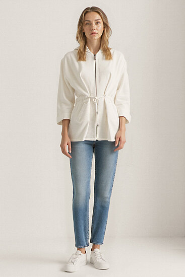 Kapüşonlu Beli Büzgülü Fermuarlı İnce Ceket - 2