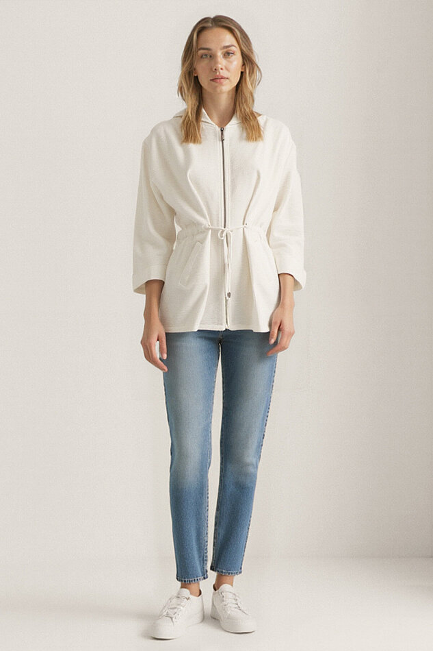 Kapüşonlu Beli Büzgülü Fermuarlı İnce Ceket - 2