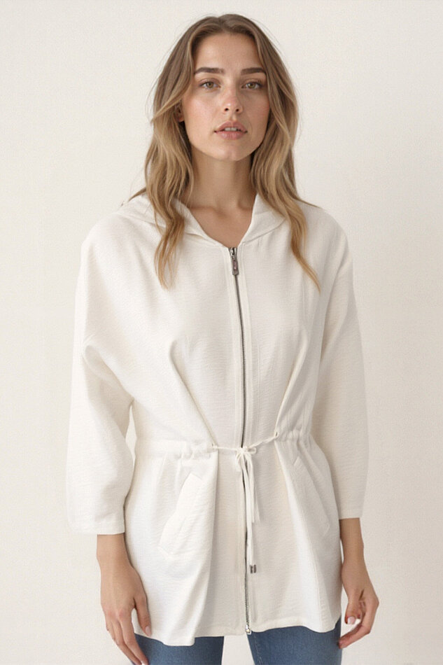 Kapüşonlu Beli Büzgülü Fermuarlı İnce Ceket - 3