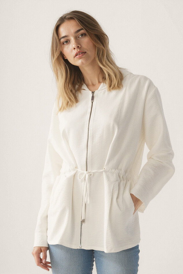 Kapüşonlu Beli Büzgülü Fermuarlı İnce Ceket - 4