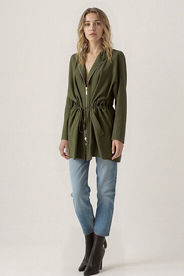 Kapüşonlu Beli Büzgülü Fermuarlı İnce Ceket - 8