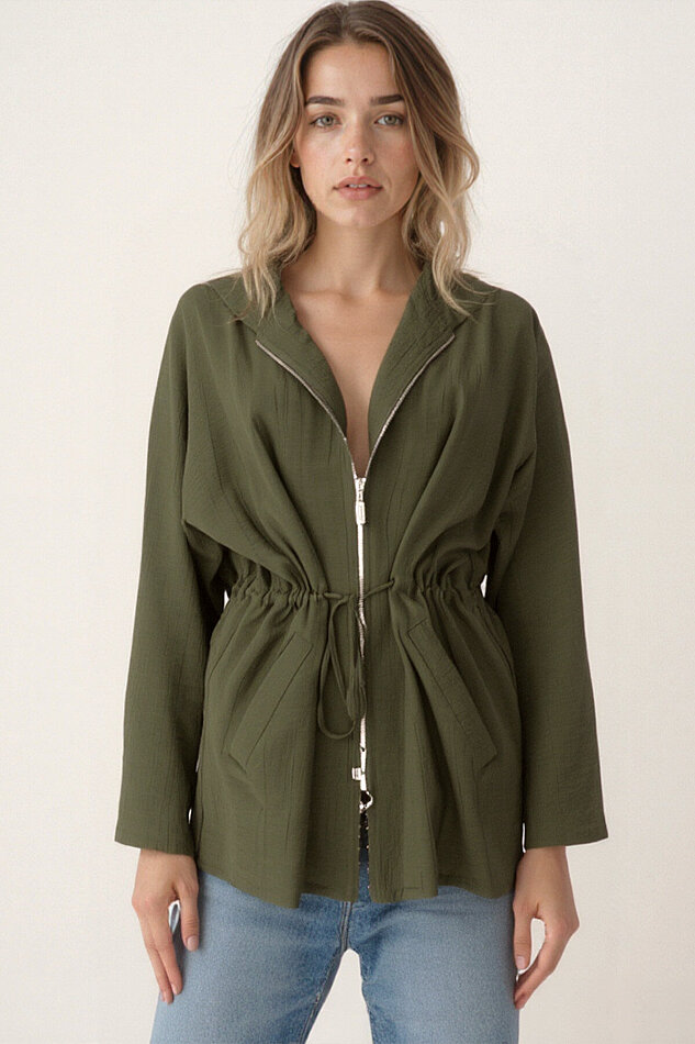 Kapüşonlu Beli Büzgülü Fermuarlı İnce Ceket - 9