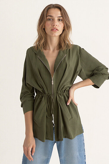 Kapüşonlu Beli Büzgülü Fermuarlı İnce Ceket - 10