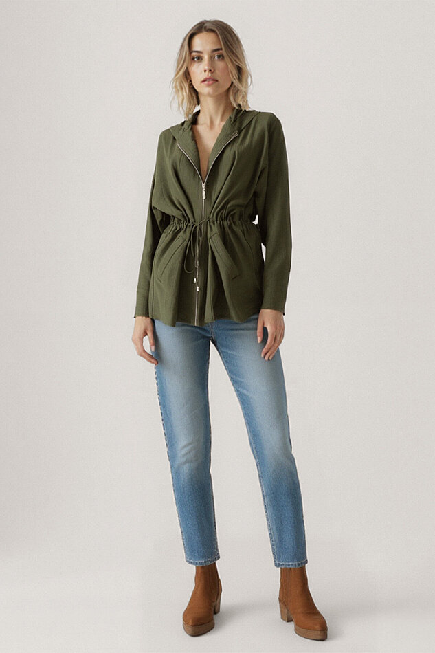 Kapüşonlu Beli Büzgülü Fermuarlı İnce Ceket - 7