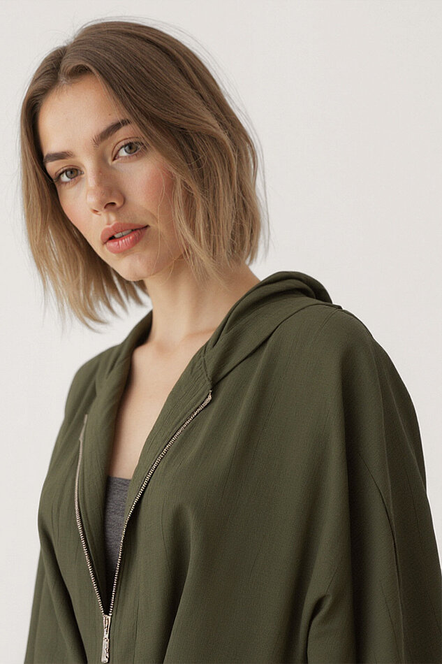 Kapüşonlu Beli Büzgülü Fermuarlı İnce Ceket - 12