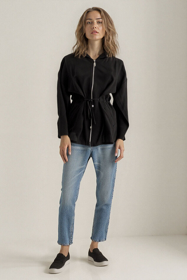 Kapüşonlu Beli Büzgülü Fermuarlı İnce Ceket - 14