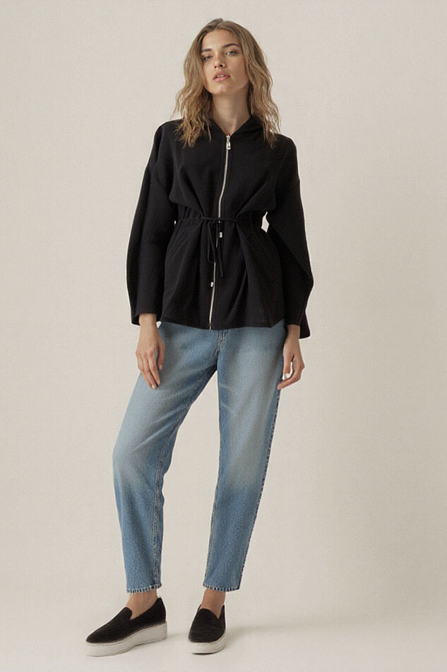 Kapüşonlu Beli Büzgülü Fermuarlı İnce Ceket - 13