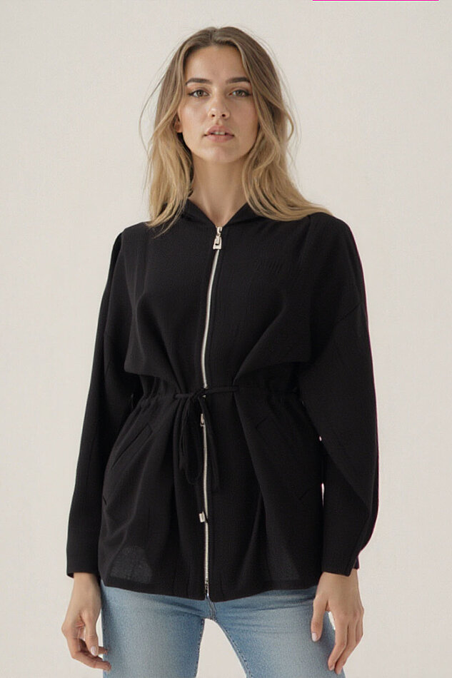 Kapüşonlu Beli Büzgülü Fermuarlı İnce Ceket - 15