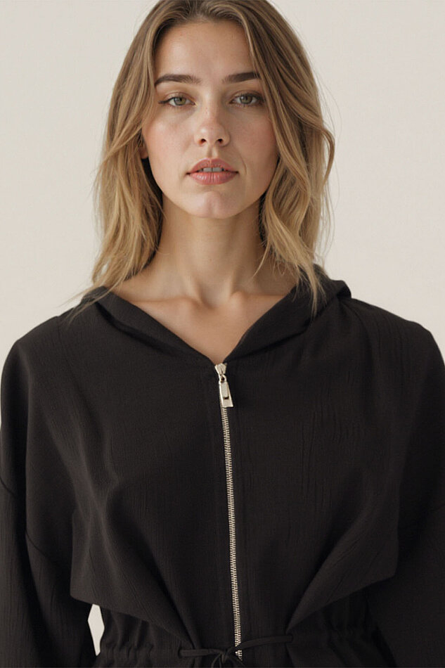 Kapüşonlu Beli Büzgülü Fermuarlı İnce Ceket - 16