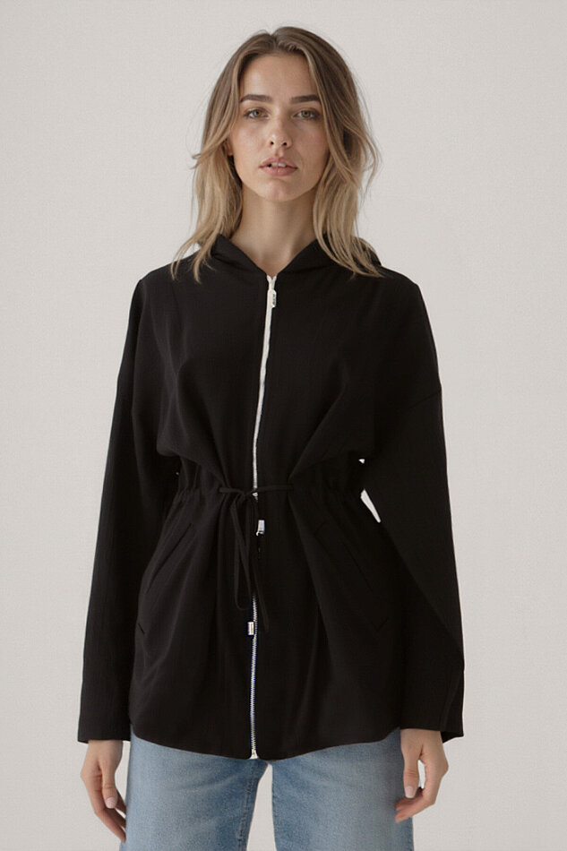 Kapüşonlu Beli Büzgülü Fermuarlı İnce Ceket - 17