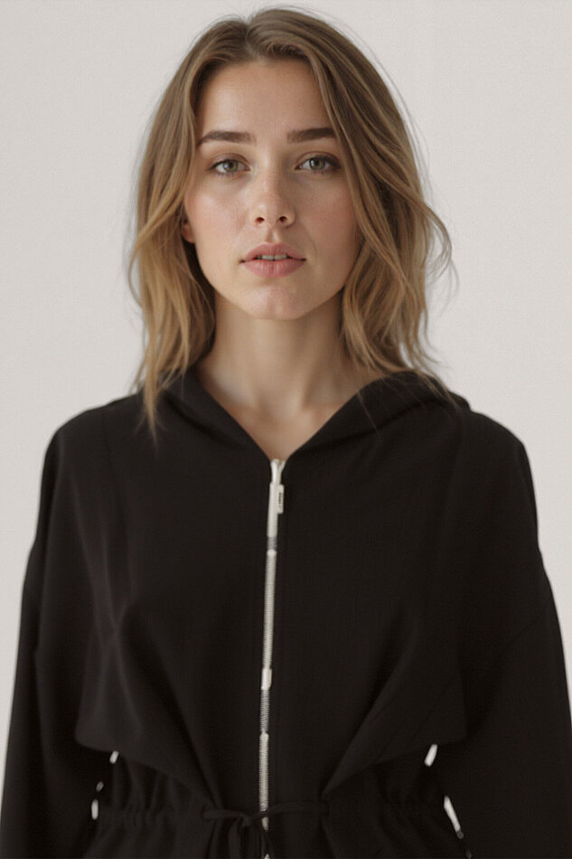 Kapüşonlu Beli Büzgülü Fermuarlı İnce Ceket - 18