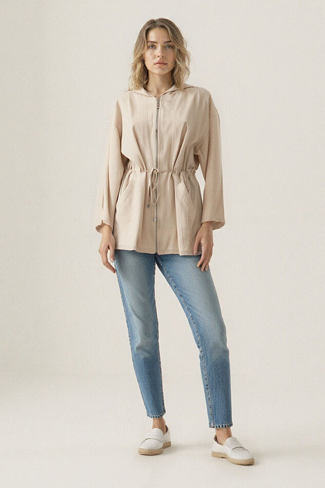 Kapüşonlu Beli Büzgülü Fermuarlı İnce Ceket - 19