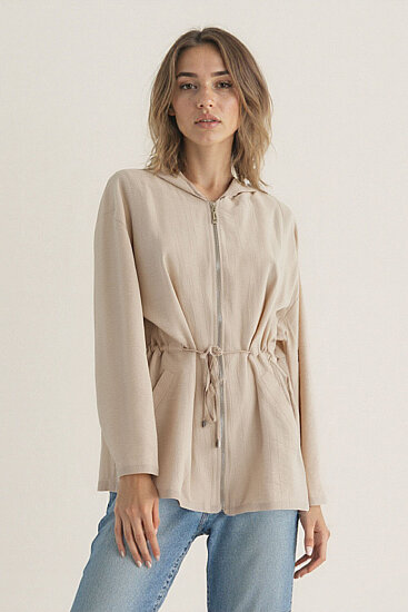 Kapüşonlu Beli Büzgülü Fermuarlı İnce Ceket - 21