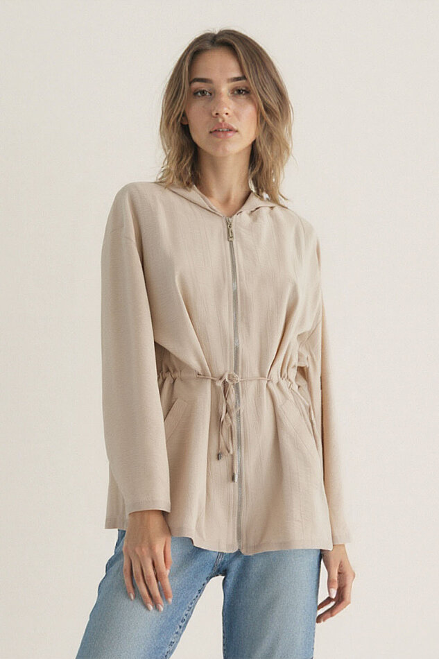 Kapüşonlu Beli Büzgülü Fermuarlı İnce Ceket - 21