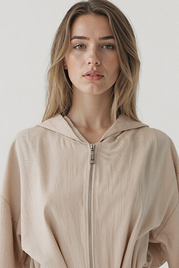 Kapüşonlu Beli Büzgülü Fermuarlı İnce Ceket - 22