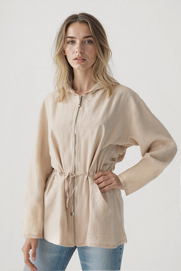 Kapüşonlu Beli Büzgülü Fermuarlı İnce Ceket - 23