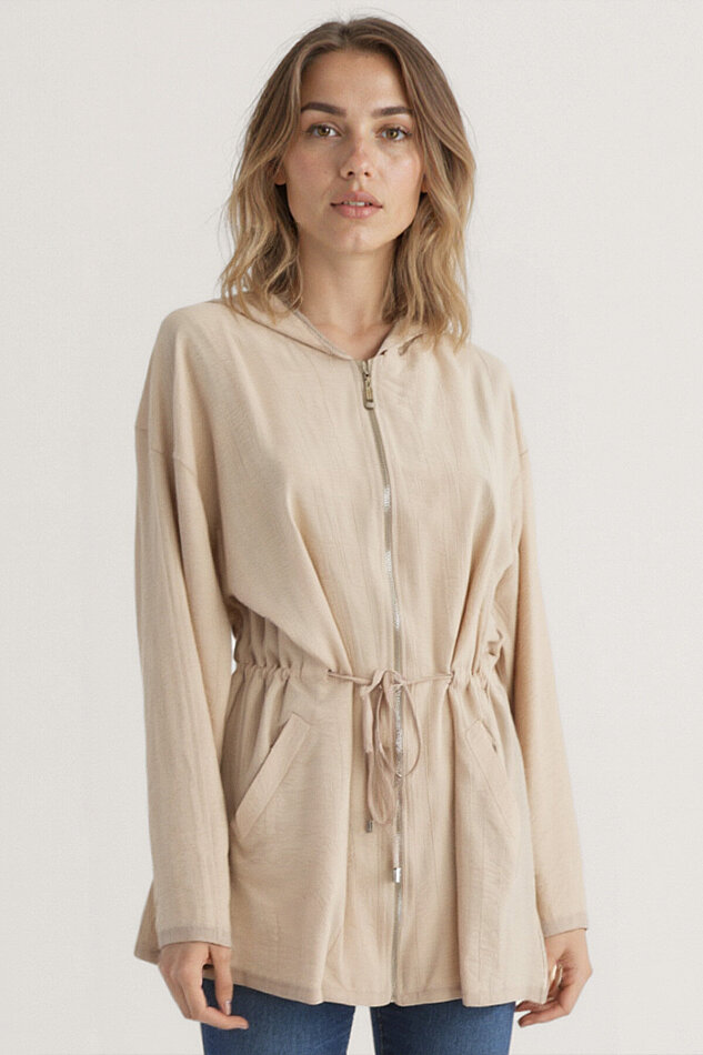 Kapüşonlu Beli Büzgülü Fermuarlı İnce Ceket - 24