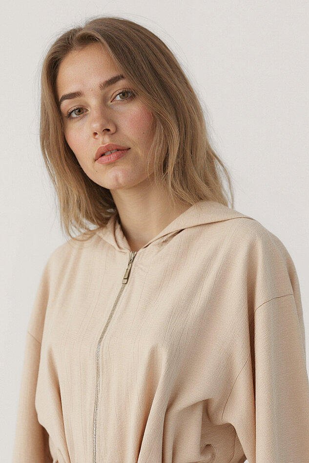 Kapüşonlu Beli Büzgülü Fermuarlı İnce Ceket - 25