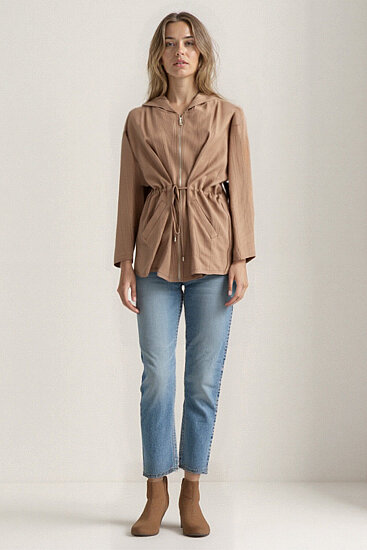 Kapüşonlu Beli Büzgülü Fermuarlı İnce Ceket - 26