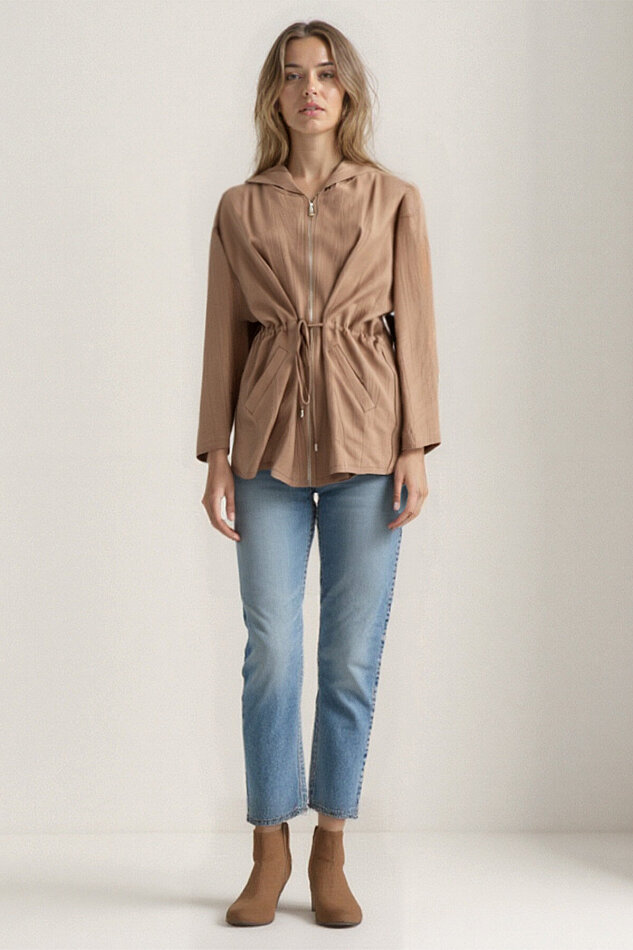 Kapüşonlu Beli Büzgülü Fermuarlı İnce Ceket - 26