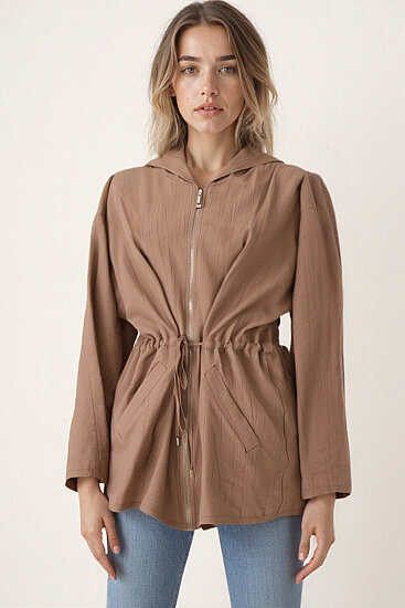 Kapüşonlu Beli Büzgülü Fermuarlı İnce Ceket - 27