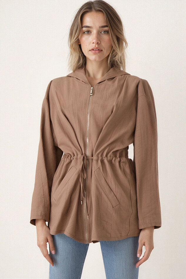 Kapüşonlu Beli Büzgülü Fermuarlı İnce Ceket - 27