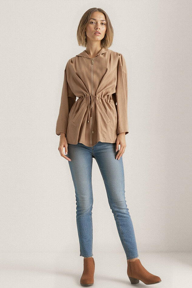 Kapüşonlu Beli Büzgülü Fermuarlı İnce Ceket - 30