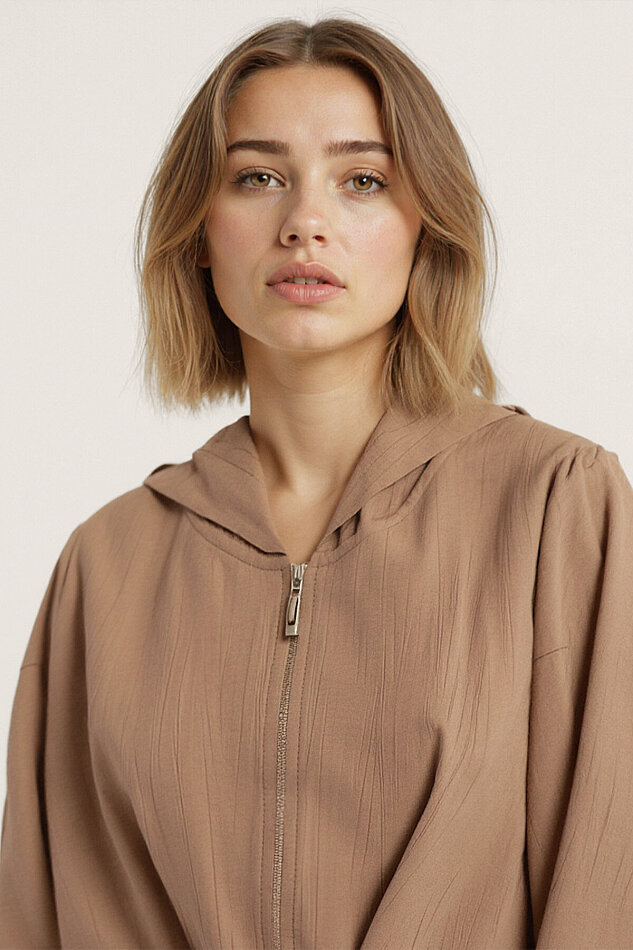 Kapüşonlu Beli Büzgülü Fermuarlı İnce Ceket - 31