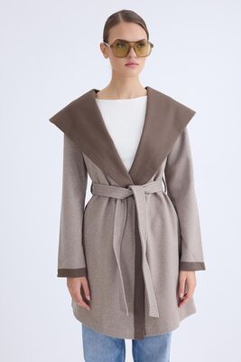 Kapüşonlu Beli Kuşaklı Kaşe Kaban - Thumbnail (3)