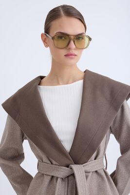 Kapüşonlu Beli Kuşaklı Kaşe Kaban - Thumbnail (4)