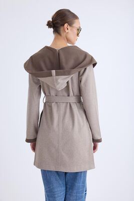 Kapüşonlu Beli Kuşaklı Kaşe Kaban - Thumbnail (5)