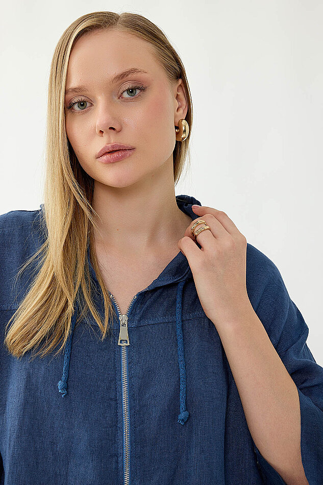 %100 Keten Kapüşonlu Fermuarlı Ceket - 4