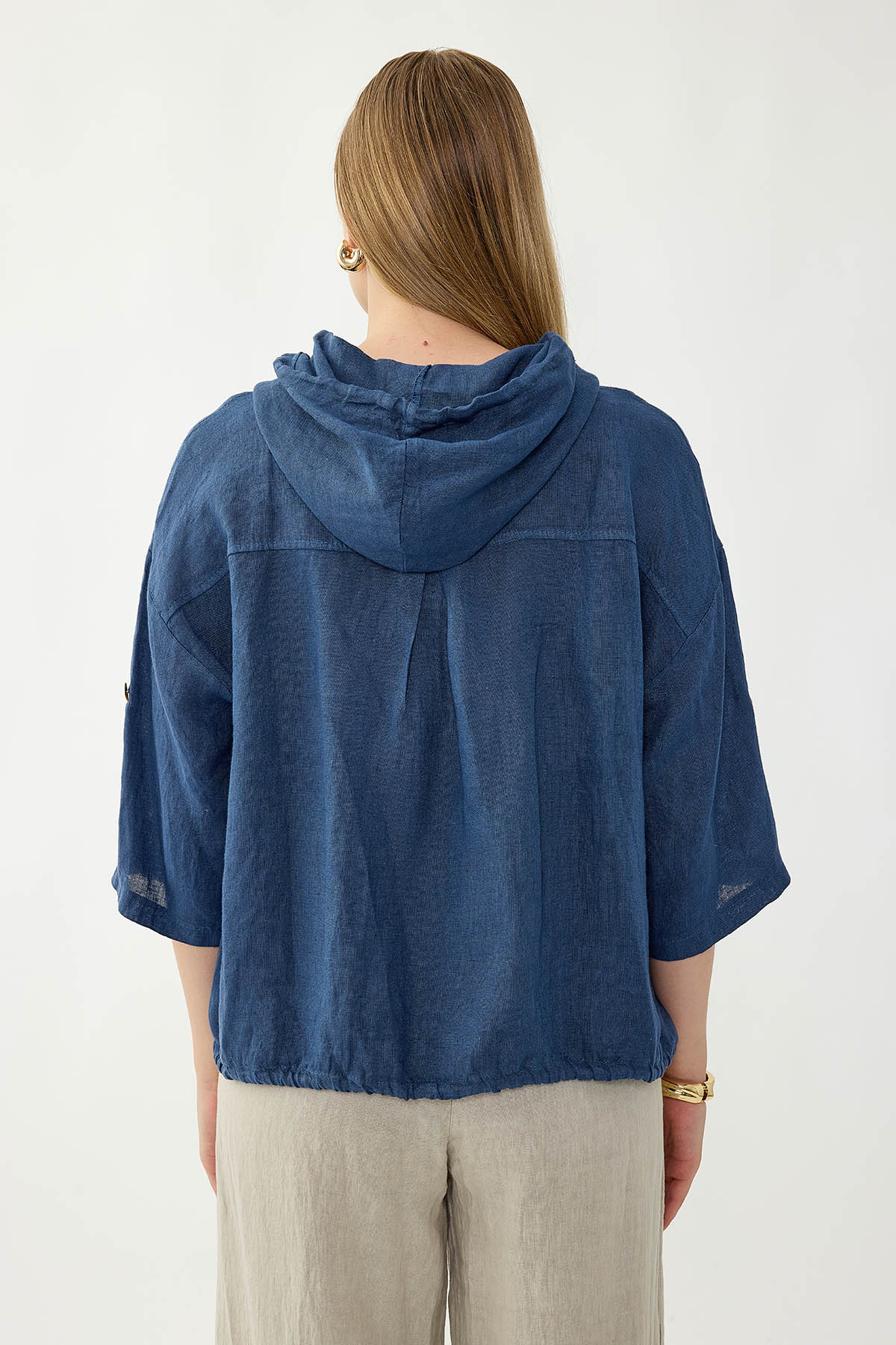 %100 Keten Kapüşonlu Fermuarlı Ceket - Thumbnail