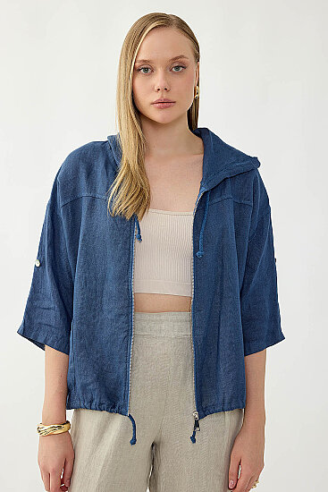 %100 Keten Kapüşonlu Fermuarlı Ceket - 3