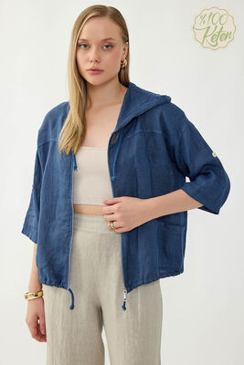 %100 Keten Kapüşonlu Fermuarlı Ceket