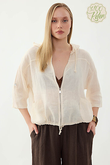 %100 Keten Kapüşonlu Fermuarlı Ceket - 6