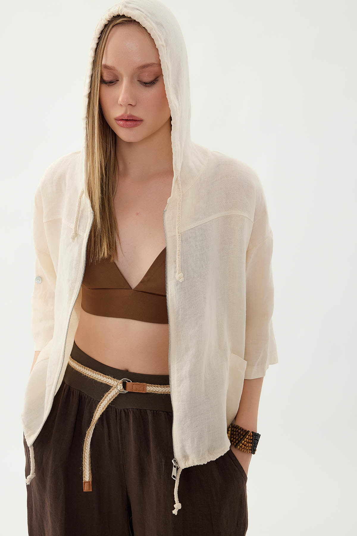 %100 Keten Kapüşonlu Fermuarlı Ceket - Thumbnail