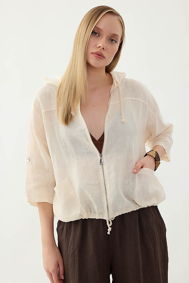 %100 Keten Kapüşonlu Fermuarlı Ceket - 8