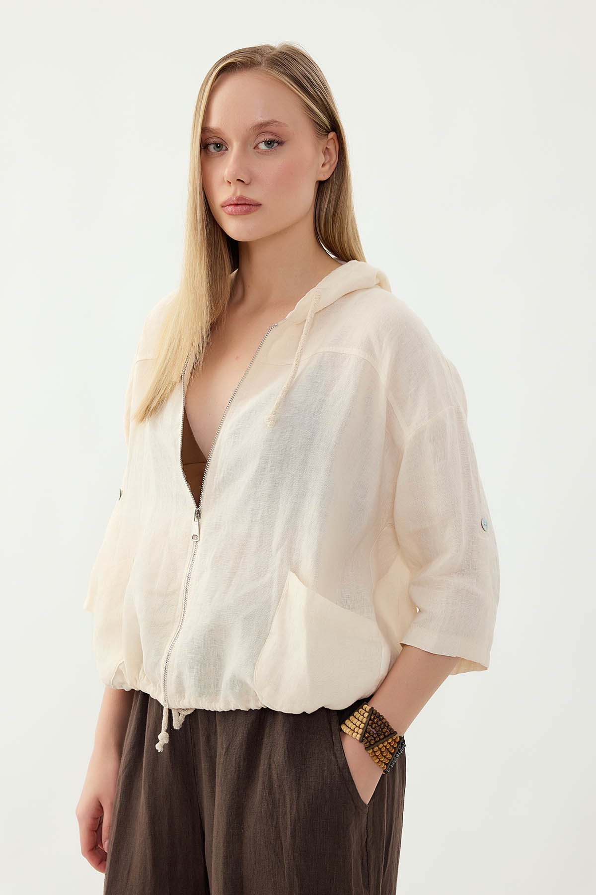 %100 Keten Kapüşonlu Fermuarlı Ceket - Thumbnail