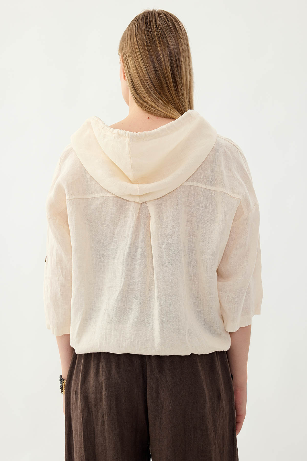 %100 Keten Kapüşonlu Fermuarlı Ceket - Thumbnail